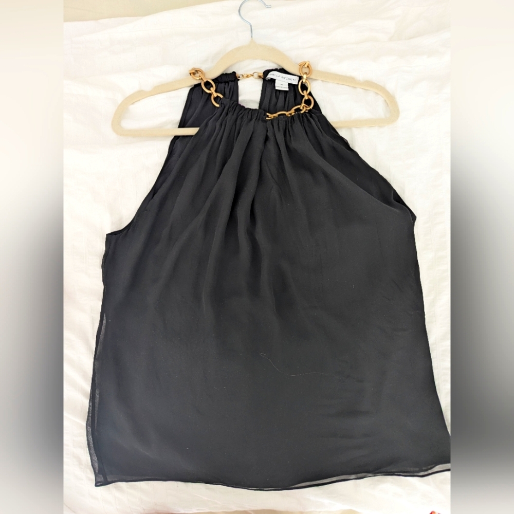 Diane Von Furstenberg 'Aubrey' Silk Black Halter Top with Gold Chain Detail